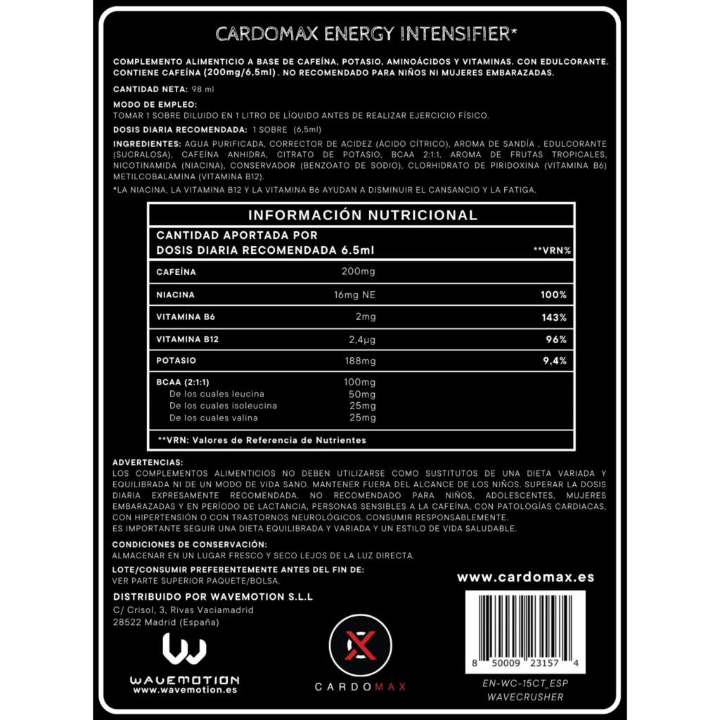 SUPLEMENTOS LÍQUIDOS CONCENTRADOS CARDOMAX 14 Tabla nutricional energy intensifier